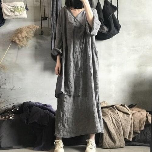 QPFJQD Women Loose Linen Dresses A-Line Patchwork Spring Autumn Full Sleeve V-neck Female Belt Dress Chinese Style