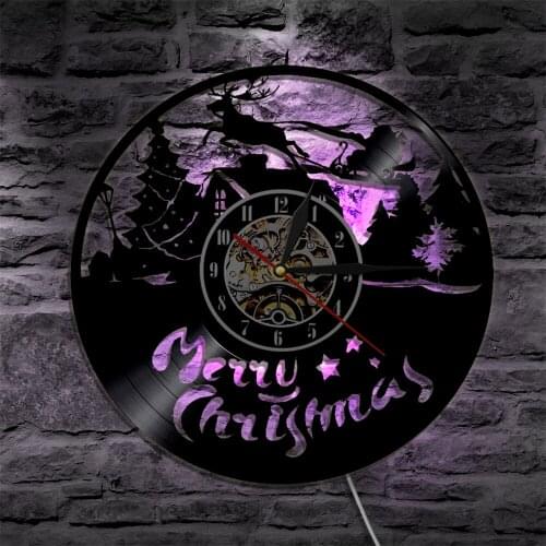 Merry Christmas Vinyl Record Wall Clock With LED Backlight Reindeer Santa Clause On Sleigh Silhouette Wall Light