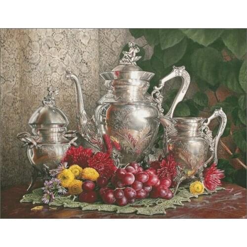 Silver jug with fruit - large format Cross Stitch Kits Needlework 14CT Unprinted Embroidery Top Quality DIY Handmade Decoration