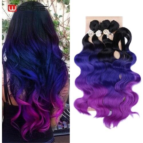 Wignee Ombre Color Long Wave Hair With Closure Heat Resistant Weavon Hair Colorful Purple/Grey Synthetic Hair Extensions Women