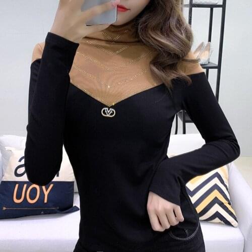 2020 New Women Shirts Cotton Full Sleeve Solid Turtleneck Diamonds Top Shirts Office Lady Winter Elegant Patchwork Women Shirts