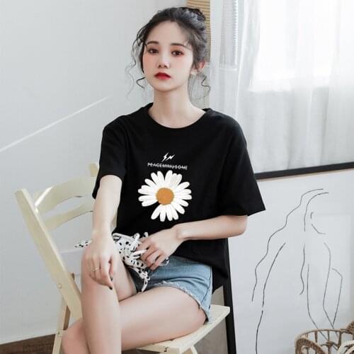 New Printing T-Shirts Women 2021 Tshirts Cotton Women O Neck Short Sleeve Funny Hipster Korean Summer Flowers Flowers Top