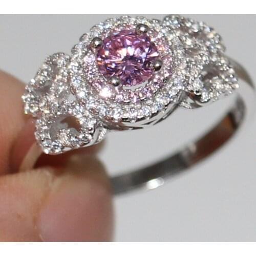 Size 5-10 Luxury Jewelry 100% Pure 925 Sterling Silver Round Cut 5A Pink CZ Zirconia Women Wedding Band Flower Finger Ring Gift