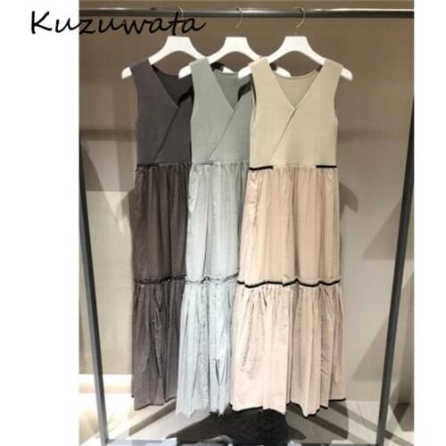2021 Early Autumn New Women Robe Front Back Two-wear Sleeveless Knitted Patchwork Pleated Dresses Sweet Temperament Vestidos