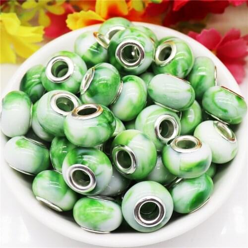 10Pcs/Lot Green Color Acrylic Resin Murano Large Hole European Spacer Beads Fit Pandora Bracelet DIY Snake Chain Jewelry Making