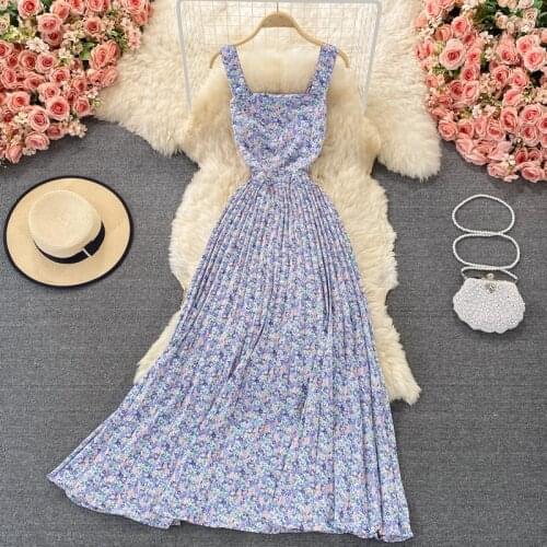 2021 Summer Womens Dress Sweet Floral Print Square Collar Sleeveless High Waist Bohemian Beach Party Pleated Long Maxi Dress