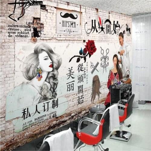 Custom Size Text Logo Retro Hair Salon Brick Wall Background Wall Paper 3D Barber Shop Industrial Decor Mural Wallpaper 3D