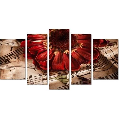 5 Panel Music Notes with Red Flower Painting Flower Wall Decor Flower Paintings on Canvas Wall Art Ready to Hang Drop Shipping