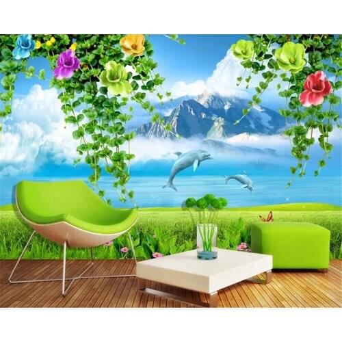 Beibehang wall papers home decor Custom Fresh Mediterranean 3D Dolphin Morning Glory TV Background Wallpaper Bedroom Vinyl wall