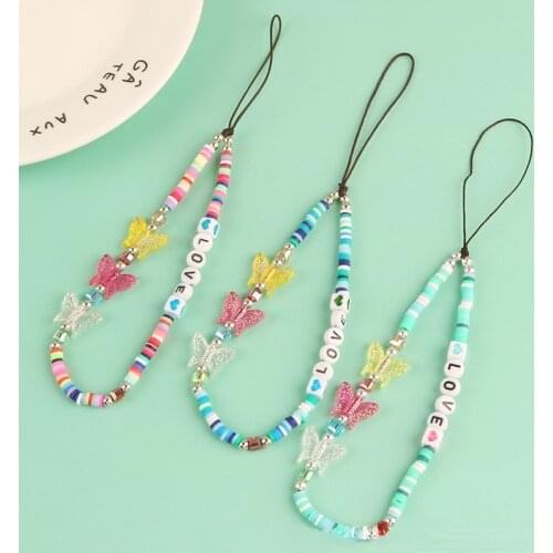 Bohemia Summer Colorful Clay Mobile Phone Chain Lanyards for Women Girls Love Butterfly Rope Phone Case Hanging Cord Jewelry