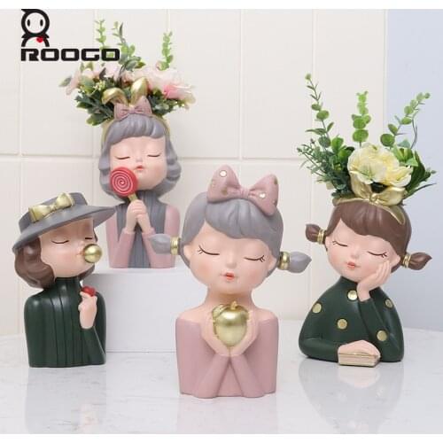 Roogo Resin Flower Pot Shaped in Cute Modern Girls with Drainage Holes Underneath Home and Office Desktop Decoration Gift Garden