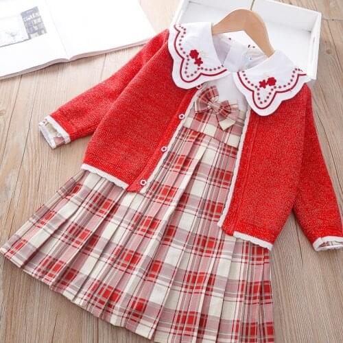 Childrens clothes Baby Girls autumn winter knitting Sweet sweater girl coat + pleated Dress 2pcs sets Kids