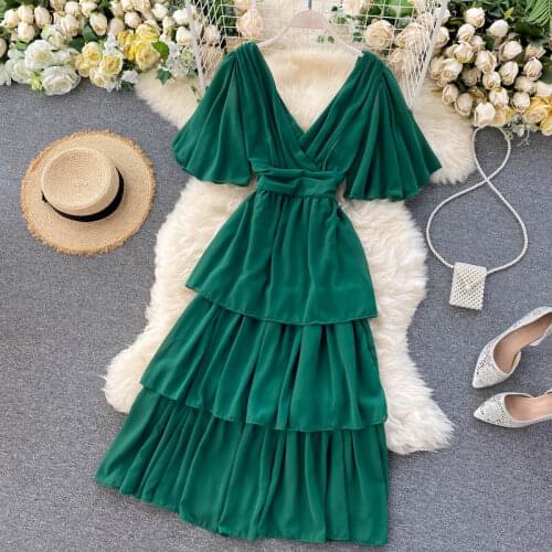 Women V-Neck Flare Sleeve Backless Pleated Ball Gown Chiffon Ruffles Dress Lady Elastic Slim Waist Party Chic Layers Cake Dress