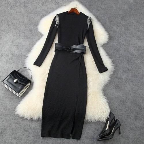 And American womens European wear 2021 winter new style Long - sleeved standneck studded beaded tassels Fashion knit dress
