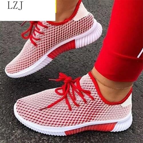 Black Red Mesh Women Flat Walking Shoes Casual Shoes Ladies Outdoor Sport Sneakers Breathable Female Lace-up Footwear Size 35-43
