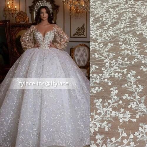 LFY New Bridal Dress Lace Fabric Fashion Embroidery Tulle Mesh Off White Heavy Bead Sequins French Lace 51" Yard
