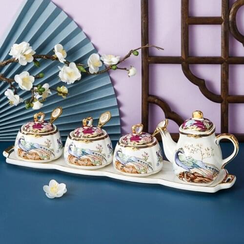 Kitchen seasoning tool sugar bowl creative ceramic seasoning jar set with tray household lidded salt shaker seasoning box