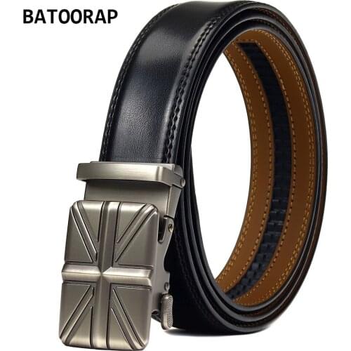 BATOORAP Fashion Design Mens Belts Genuine Leather Alloy Buckle Automatic Print Flag Black Cowhide Male Casual Waistband WL-E060