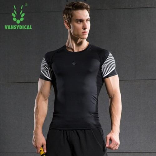 VANSYDICAL Running Shirt Men Striped Short Sleeve Compression Sport Active Wear Training Fitness Gym Clothing Workout Shirt Men