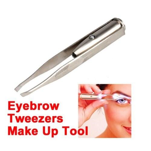 Professional Stainless Steel Makeup LED Light Slant Tip Hair Removal Eyelashes Eyebrow Tweezers Makeup Tool With Battery