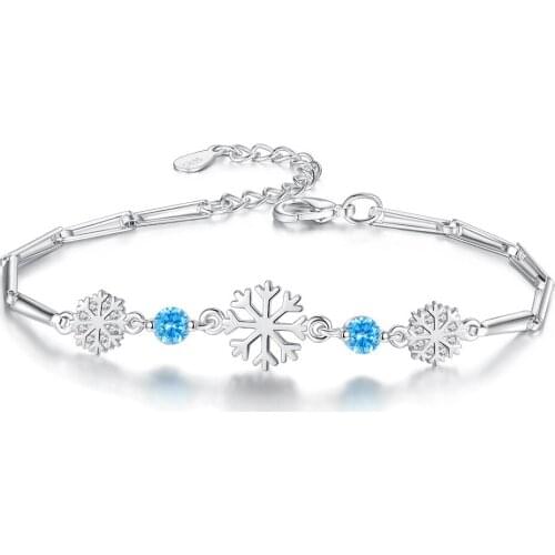 Luxury Silver Color Bracelets White/Blue Zircon Winter Snowflake Flower Bracelets Bangles For Women pulseira Making Gift
