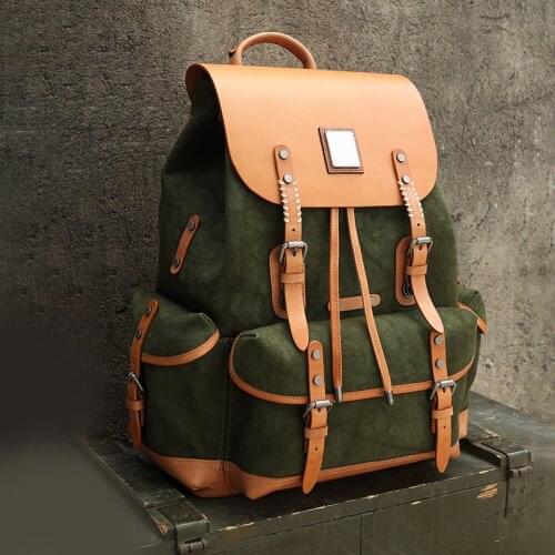 2020 New Mens Cow Leather Backpack Large Capacity Backpack Travel Bag Genuine Leather Men Canvas Bag Casual Bag ArmyGreen