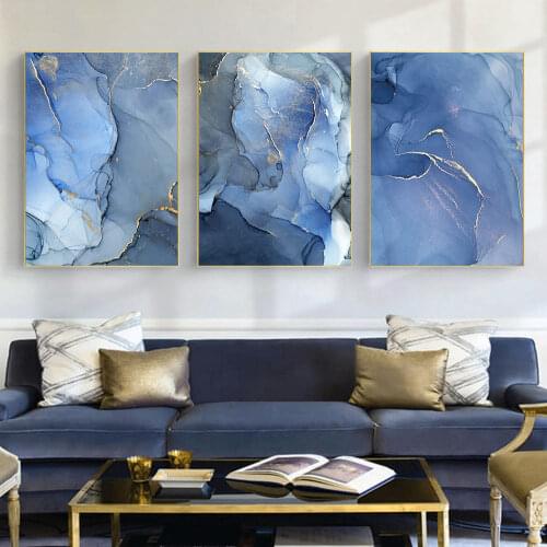 Blue Marble Texture Golden Edge Wall Art Canvas Modern Abstract Posters And Prints Nordic Painting Pictures Home Decor
