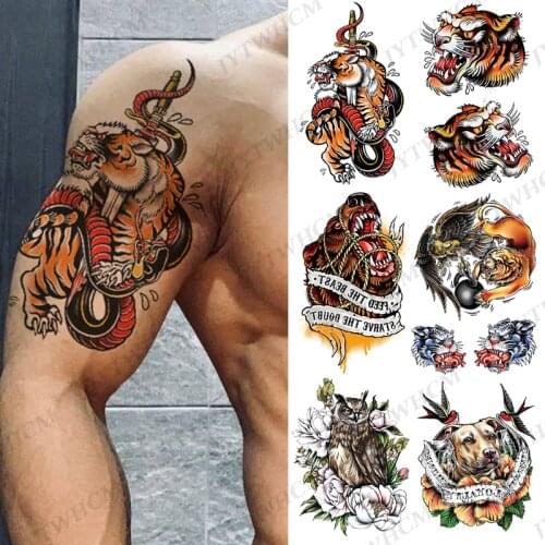 Skull Tiger Temporary Tattoo Stickers Lion Wolf Waterproof Tattoo Soldier Dog Body Art Arm Fake Tatoo Rebirth For Men Women