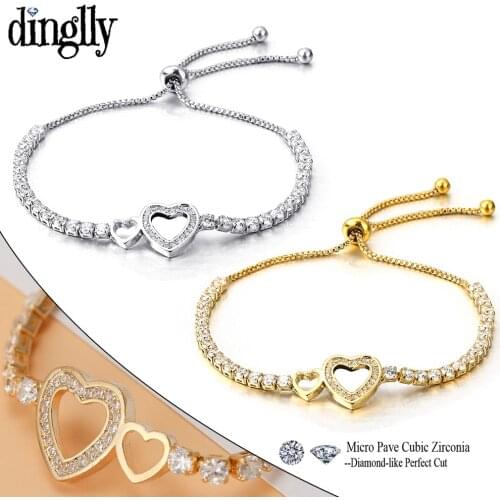 Dinglly High Quality Adjustable Length Cubic Zirconia love Heart Bracelets For Women Men Fine Bracelet Lovers Couples Gift