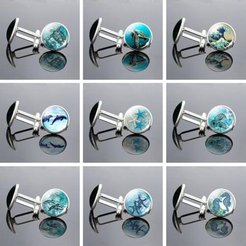 Blue Ocean Cufflinks Art Jewelry Mens Wedding Classic Cufflinks Turtle Starfish Dolphin Suit Shirt Cuff Links Gifts for Men