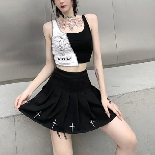 Women Goth Punk Tank Tops Sexy U-Neck Color Block Patchwork Slim Crop Top Aesthetic Letters Graphic Print Ribbed Vest
