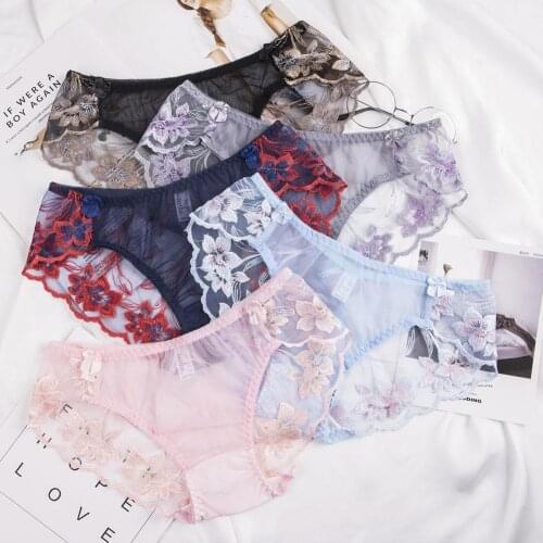 1 Pcs Mesh Panties Woman Embroidered Underwear Sexy Feamle Lace Sexy Panties Underwear M-L Briefs Mesh C1X6