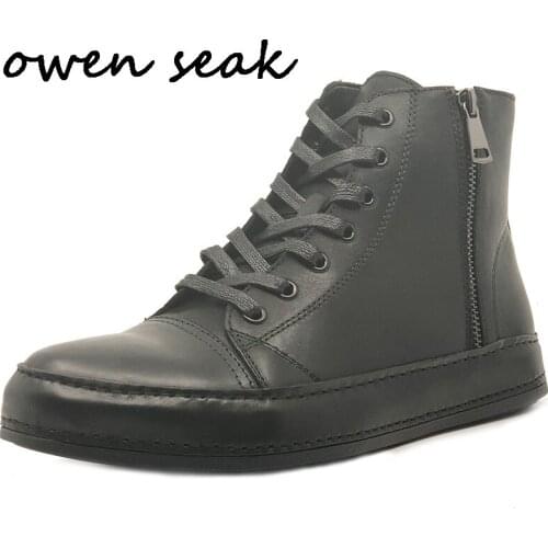 Owen Seak Men Casual Shoes High-TOP Ankle Boots Genuine Leather Sneaker Luxury Trainers Boots Lace-up Flat Black Shoes