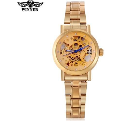 2018 WINNER watches women lady fashion brand rhinestone skeleton automatic mechanical wrist watch full gold steel female clock