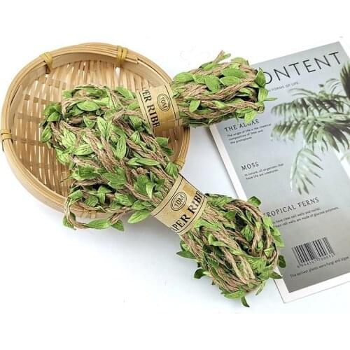 10M Green Leaf Trim Ribbon Vine Artificial Ribbon with Leaves Natural Jute Twine Packing String Ribbon for Wedding Party Decor