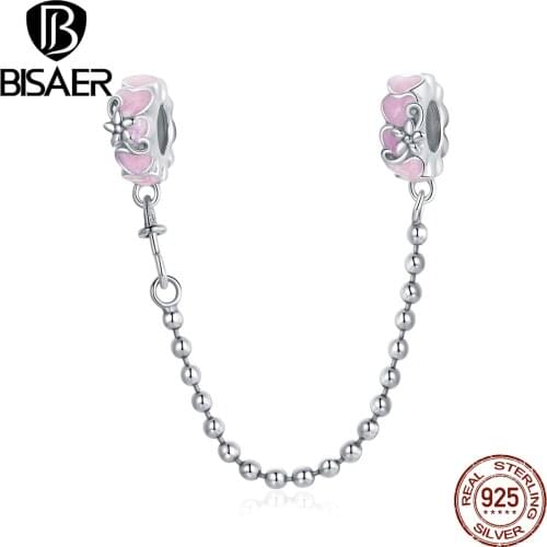 BIsaer Purple Glass Design Safety Chain Charm Fit for Original Womnen Bracelet 925 Sterling Silver Fine Jewelry ECC1799