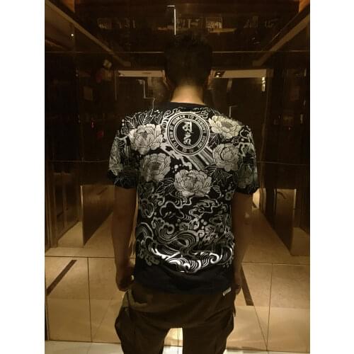 Short sleeve mens T-shirt Dragon Tiger Head Tattoo Print Motorcycle Punk Rock Cotton T shirt Floral Pattern Tops Tee Shirt