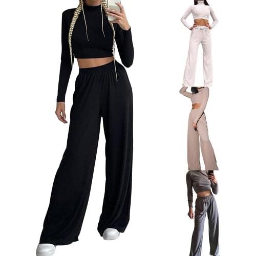 New Women Two Piece Wide Leg Pant Set And Crop Top Autumn Casual Elegant Turtleneck Minimalist Classic Outfit Wide Leg Pant Suit