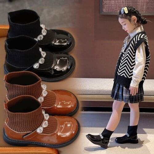 Girls' Leather Shoes 2021 Autumn New Korean Style Childrens Shoes Fashion Rhinestone Socks Princess Shoes School Shoes Fashion