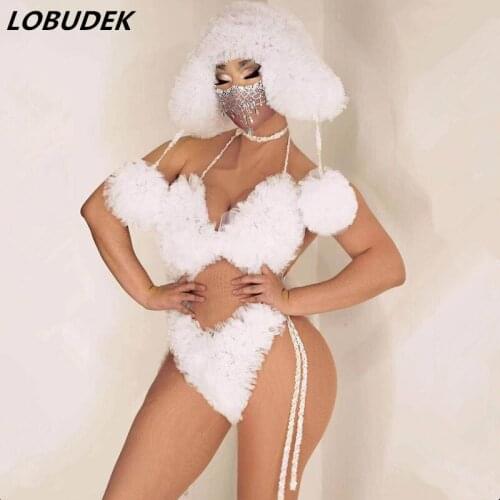 Red White Mesh Sleeve Bra Short Cap 3 Piece Nightclub Bikini Outfit Bar Party Show Stage Wear DJ Dancer Team Performance Costume