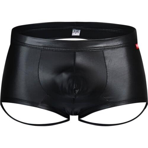 Sexy Gay Men Boxers Boxershorts Faux Leather Low Waist Underwear U Convex Panties Underpants Boxers Trunks