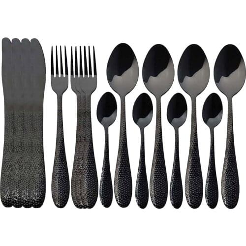 16Pcs Black Tableware Set Stainless Steel Cutlery Set Knife Fork Spoon Dinnerware Dinner Set Kitchen Silverware Set