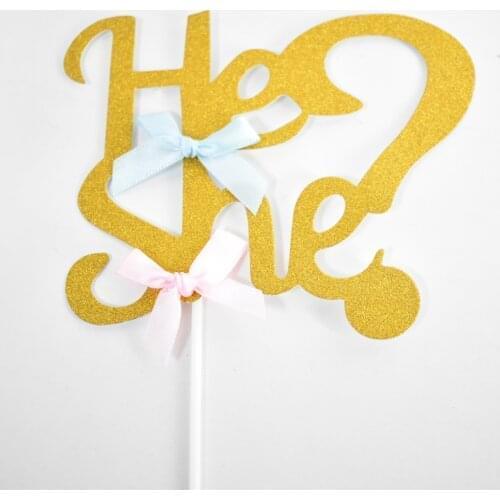 He or She Cake Topper Gold Glitter Paper Gender Reveal Cupcake Topper Flags for Baby Shower Gender Reveal Party Cake Decorations