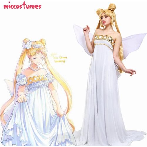 Presale Neo Queen Serenity Cosplay Costume Woman Halloween Long Dress with Butterfly Bow Wings