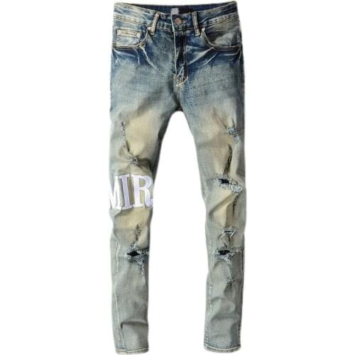 2021 New High street style retro distressed ripped jeans mens embroidered stretch slim-fitting denim pants trousers for men 684