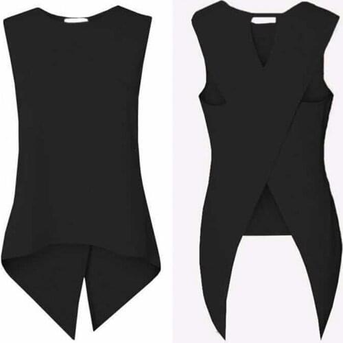 New Summer Women T-shirt Fashion Sexy Sleeveless Back Cross Irregular T Shirt Female Tops Tees Black