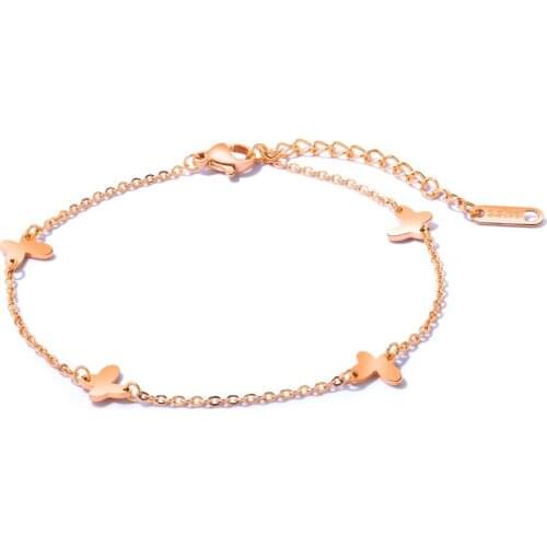 Charm cute four Butterfly Anklets For Women Rose Gold Color Stainless Steel Lengthening chain Ladies summer Jewelry girl Gift