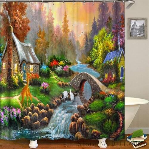 Modern Oil Painted House Printed Shower Curtain Bathroom Decoration Waterproof and Mildewproof Curtain Non-slip Bath Toilet Mat