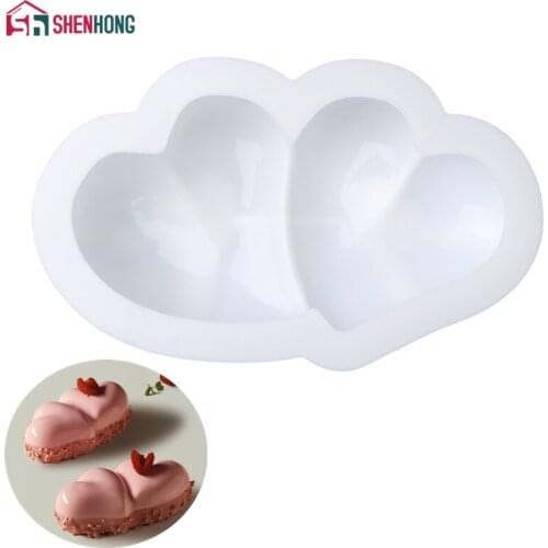 SHENHONG Valentines Day Heart to Heart Silicone Cake Mold For Baking Mould Mousse Dessert Bakeware Wedding Pastry Decoration