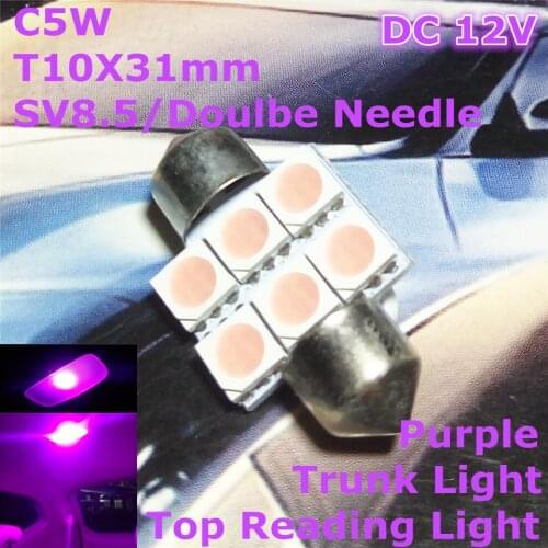 12V LED Purple Color Car Double Needle Bulb Lamp(2*3*5050 SMD Lamp)C5W 31mm for Top Reading Trunk Licence Board Light
